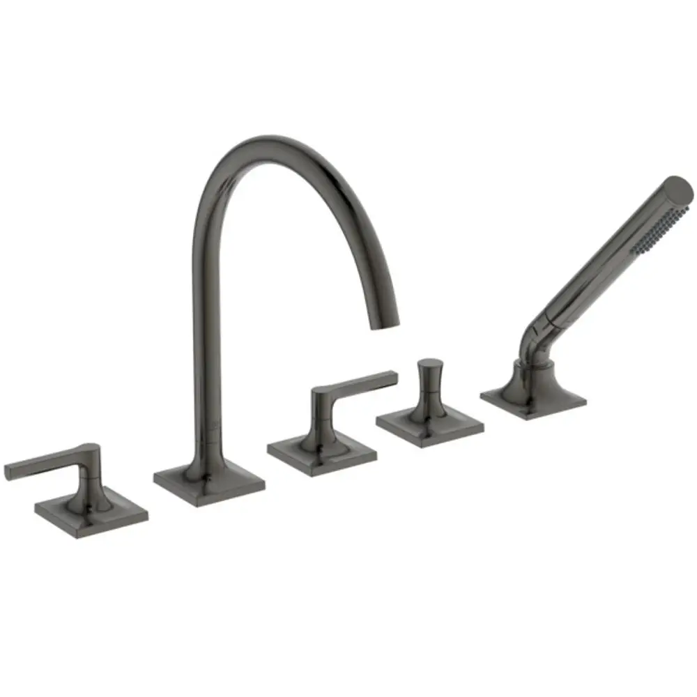 Fünfteilige Badarmatur in Magnetic Grey von Ideal Standard, bestehend aus einem hohen Auslauf, zwei Hebelgriffen und einem Brauseanschluss.